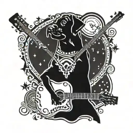 A Labrador playing a guitar under a starry sky tattoo design idea