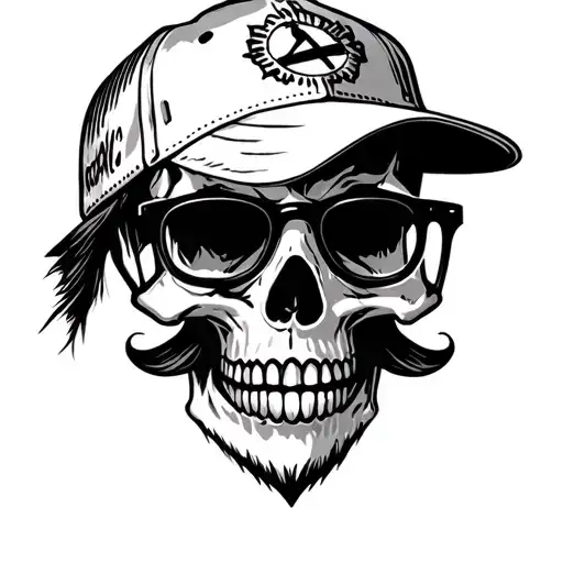 skull with glasses, baseball hat, mustache and goatee tattoo design idea