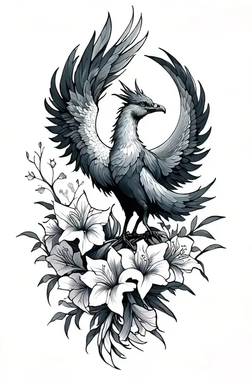 Phoenix with gladiolus and moon tattoo design idea
