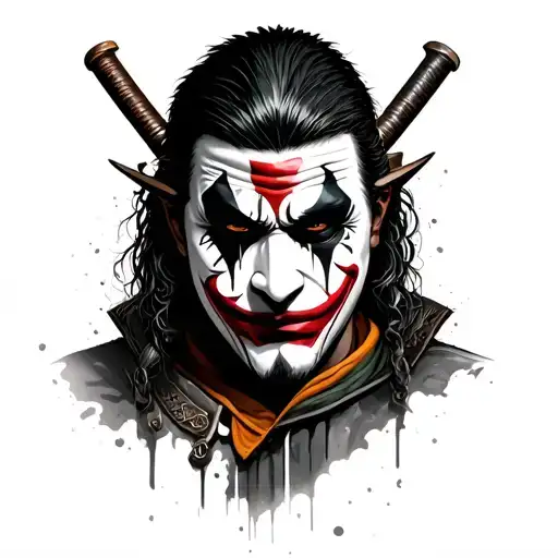 samurai with graffiti on mask with joker face paint on eyes  tattoo design idea