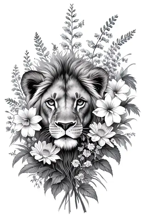 baby lion, bouquet of asters, delphinium, water lilies, morning glory flowers, Leo and Virgo constellations tattoo design idea