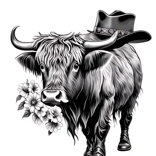 highland cow head, flowers, cowboy boots and cowboy hat tattoo design idea