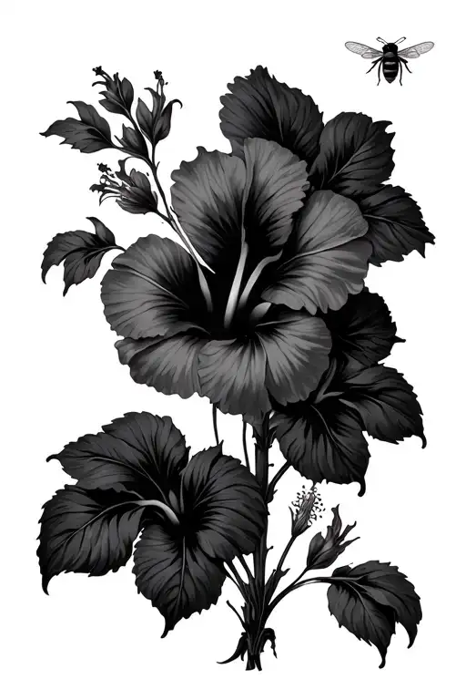 fine line hibiscus flowers with a small bee flying towards tattoo design idea