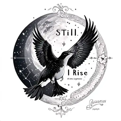 tattoo on the sleeve of the schedule, which depicts the constellation Aquarius Luna Lione Levyonok inscription Still I Rise and a swallow tattoo design idea