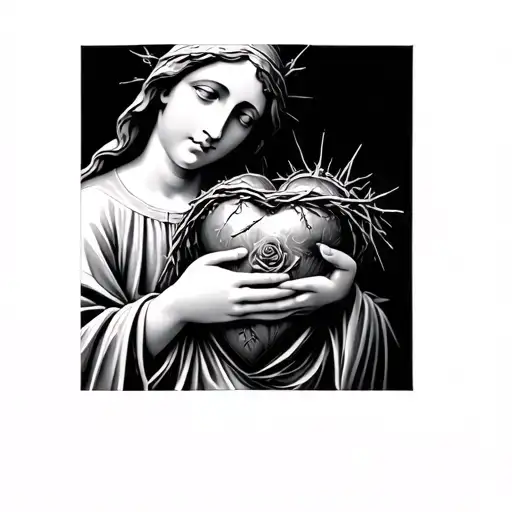 virgin mary holding jesus's heart wrapped in thorns only her hand with thorn and roses sleeve tattoo design idea