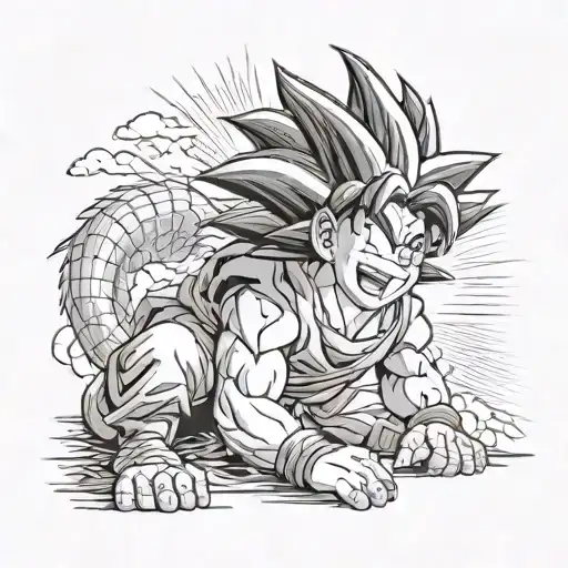 Son Goku from Dragonball with a battle-ready smile. To his right sits a light brown sheepdog, also smiling ready to figh tattoo design idea