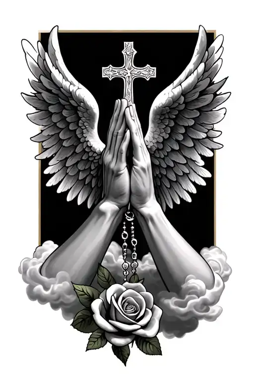 prayer hands, rosary, clouds, angel wings, rose, cross, name, date tattoo design idea