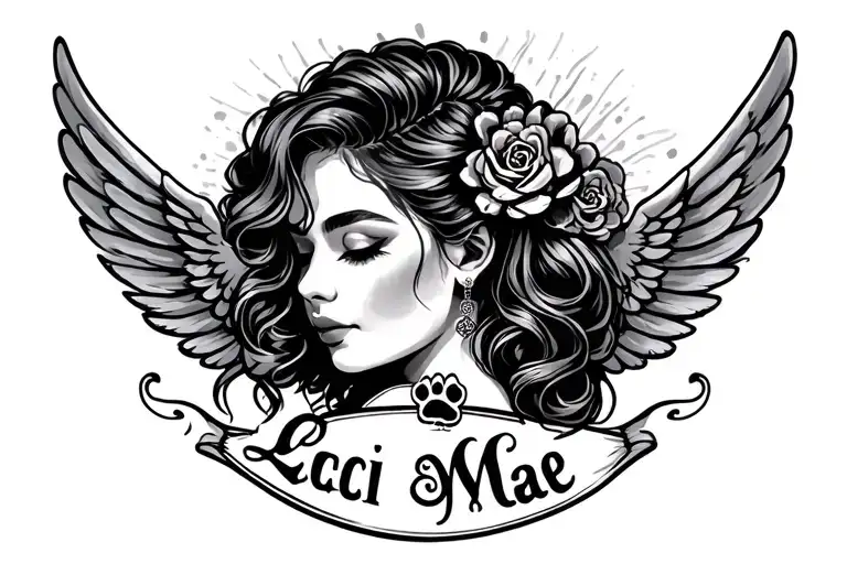 "Laci Mae" dog paw with wings on each side profile traditional lady tattoo design idea