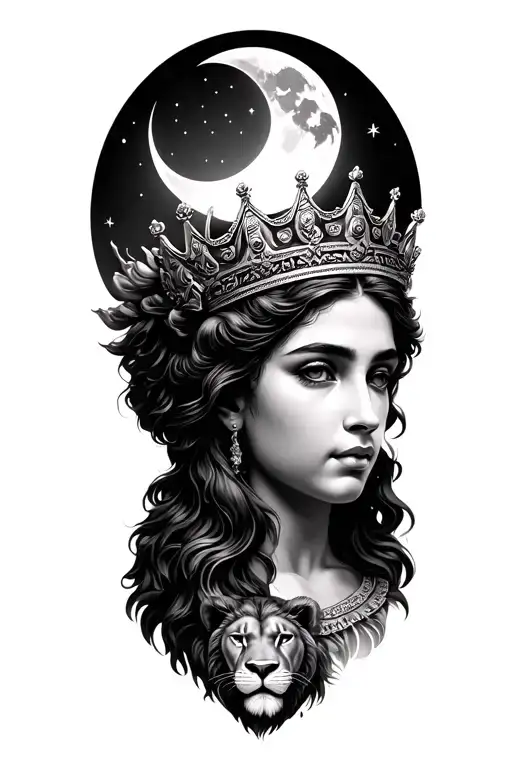 black & grey realism greek goddess of motherhood and beauty wearing a crown with a lion and the moon tattoo design idea