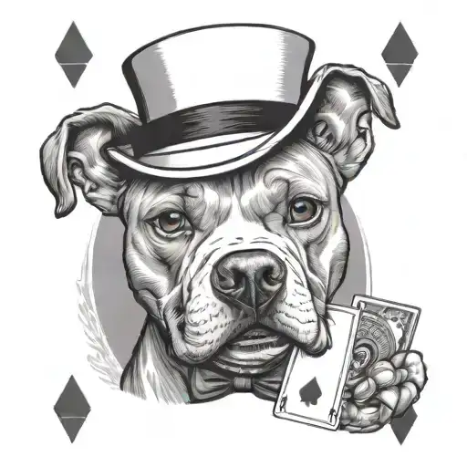 A pit bull wearing a top hat and bow tie playing cards with a pin up girl in a black-grey style tattoo design idea