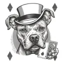 A pit bull wearing a top hat and bow tie playing cards with a pin up girl in a black-grey style tattoo design idea