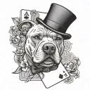 A pit bull wearing a top hat and bow tie playing cards with a pin up girl in a black-grey style tattoo design idea