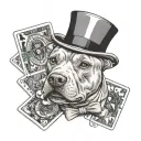 A pit bull wearing a top hat and bow tie playing cards with a pin up girl in a black-grey style tattoo design idea