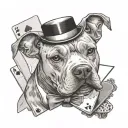 A pit bull wearing a top hat and bow tie playing cards with a pin up girl in a black-grey style tattoo design idea