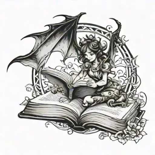 fairy girl silhouette flying out of a book with one dragon wing and one bat wing tattoo design idea