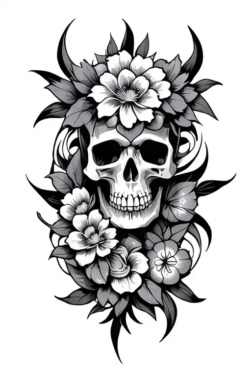 skull surrounded by Polynesian symbol shoulder + pectoral + full arm, less flower, more symbol, longer tattoo design idea