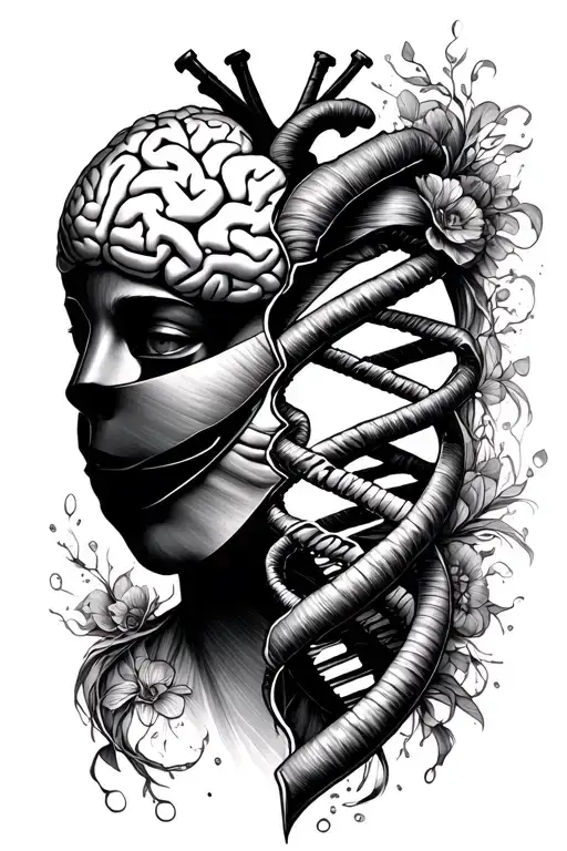 Brain, DNA, heart, half mask half real face. Overthinking/Growing Tattoo tattoo design idea