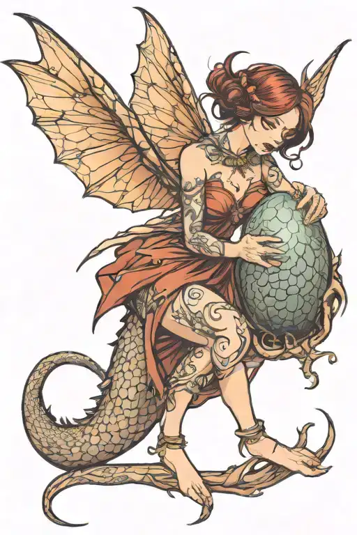 Fairy holding a cracking dragon egg tattoo design idea