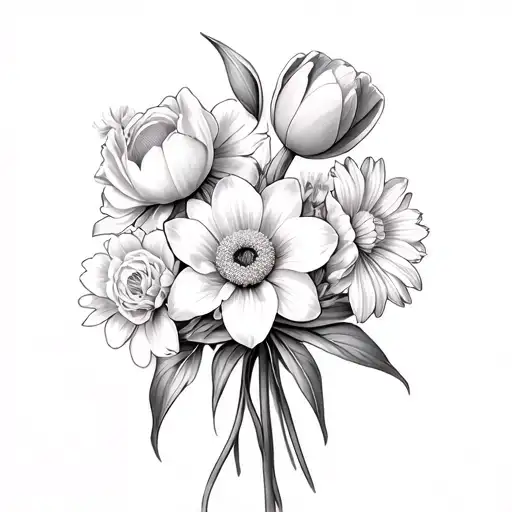 flower bouqet with 1 tulip, 1 narcissus, 1 crysanthemum, 1 carnation, 1 iris, 2 daffodil, 2 peony, 1 lily, 1 sakura tattoo design idea