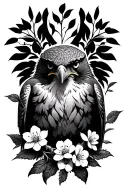 hawk facing forward with vines growing and blossoming tattoo design idea