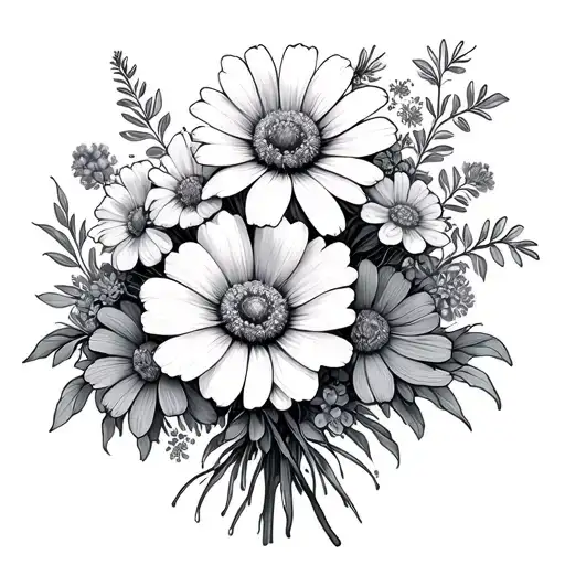 bouquet containing marigold, cosmos, violet and primrose tattoo design idea