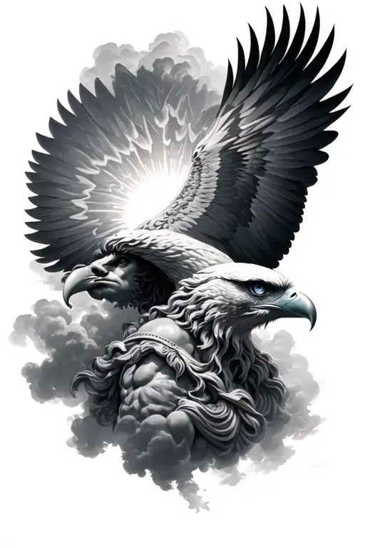 "Sumale Greek objects" "Realistic Zeus with eyes throwing rays, between dark clouds. Eagle flying to the side, design for full arm. tattoo design idea