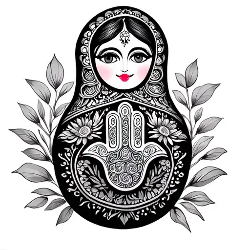 Russian nesting doll with hamsa symbol and flowers  tattoo design idea
