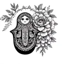 Russian nesting doll with hamsa symbol and flowers  tattoo design idea