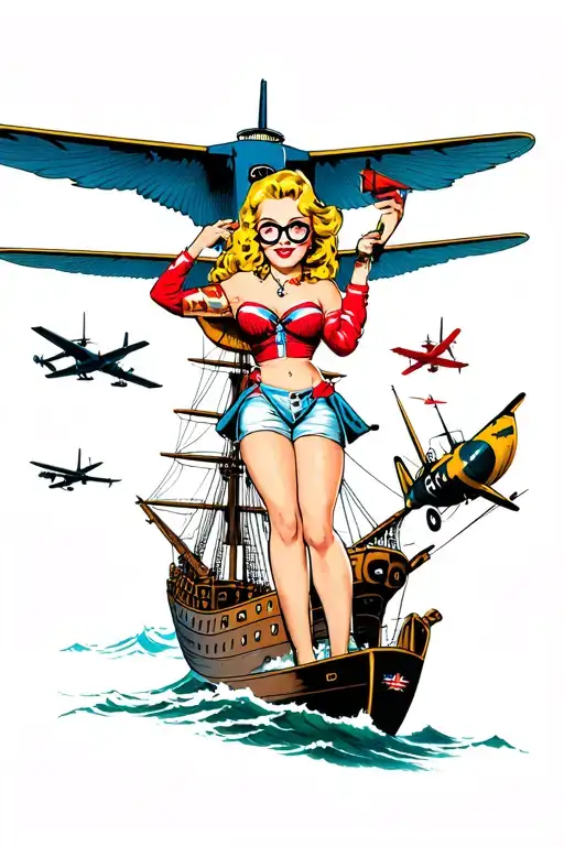 blonde nerdy pinup girl ww2 ship battle with planes tattoo design idea