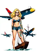 blonde nerdy pinup girl ww2 ship battle with planes tattoo design idea