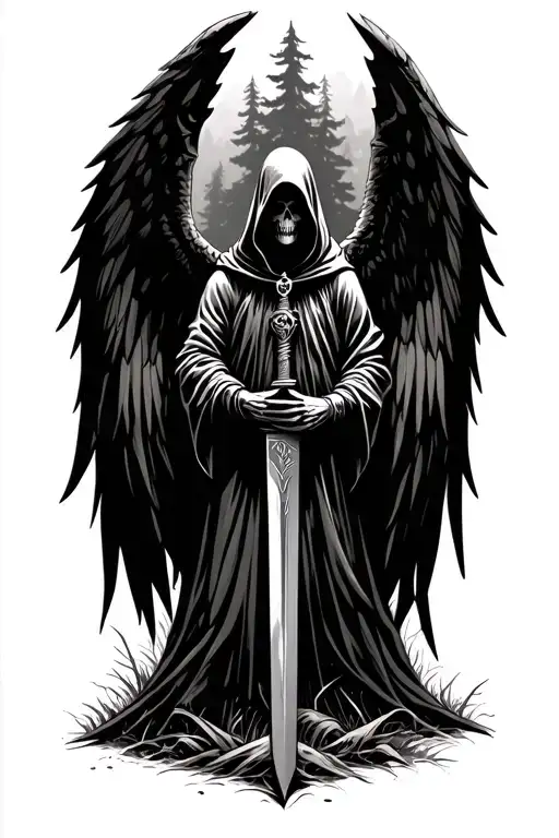 Fallen angel holding a sword in the woods, hooded reaper silohuette tattoo design idea