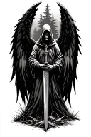 Fallen angel holding a sword in the woods, hooded reaper silohuette tattoo design idea