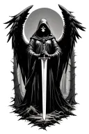 Fallen angel holding a sword in the woods, hooded reaper silohuette tattoo design idea