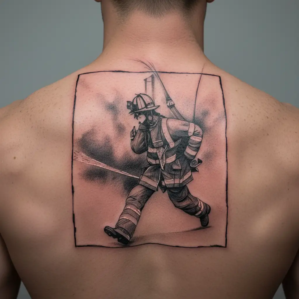 firefighter, dramatic rescue, Soho A24, heroic tattoo design idea