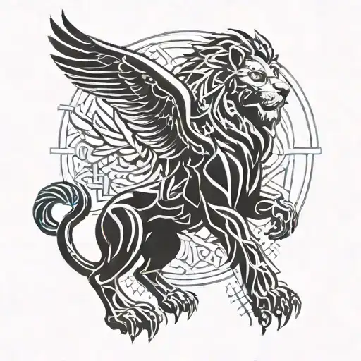 Create a tattoo of a powerful griffin, combining the body of a lion and the head with the wings of an eagle. Use black for strength, blue for tattoo design idea
