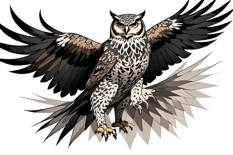 Philippine Eagle flying with owl above a snow leopard tattoo design idea