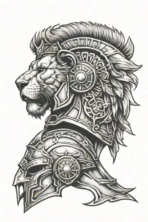lion and gladiator helmet merged tattoo design idea