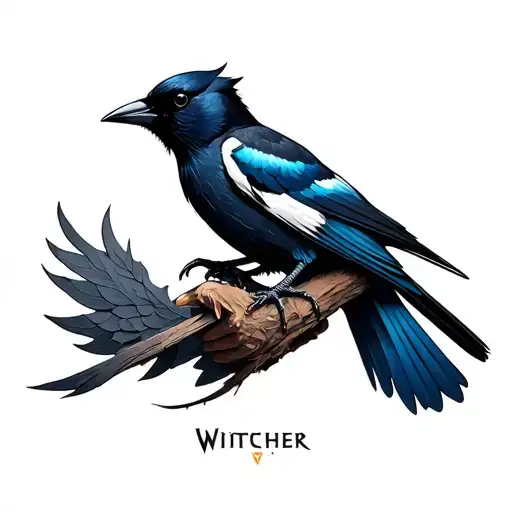 Magpie bird holding witcher medaion tattoo design idea