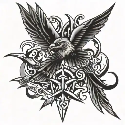 Neo tribal symbols intertwined with a 4 inch swallow and a 3 inch dagger  tattoo design idea