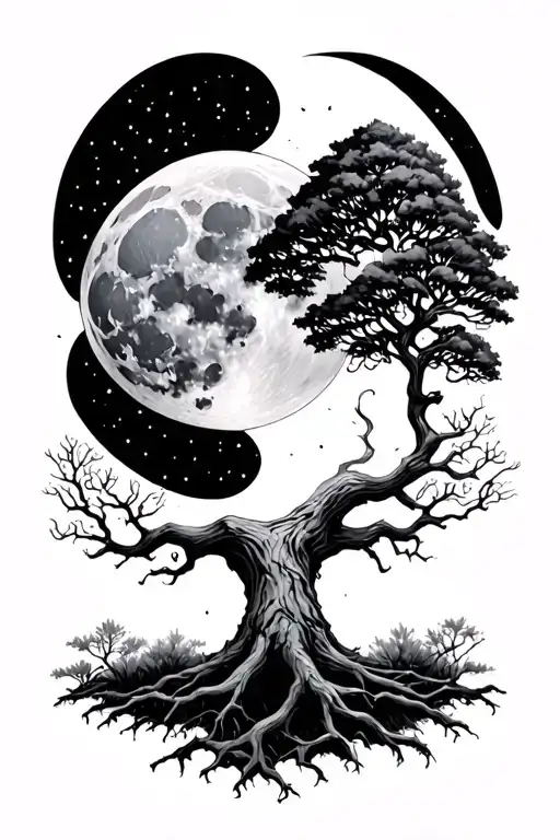 half-dead half-alive Tree with the moon surrounding it  tattoo design idea