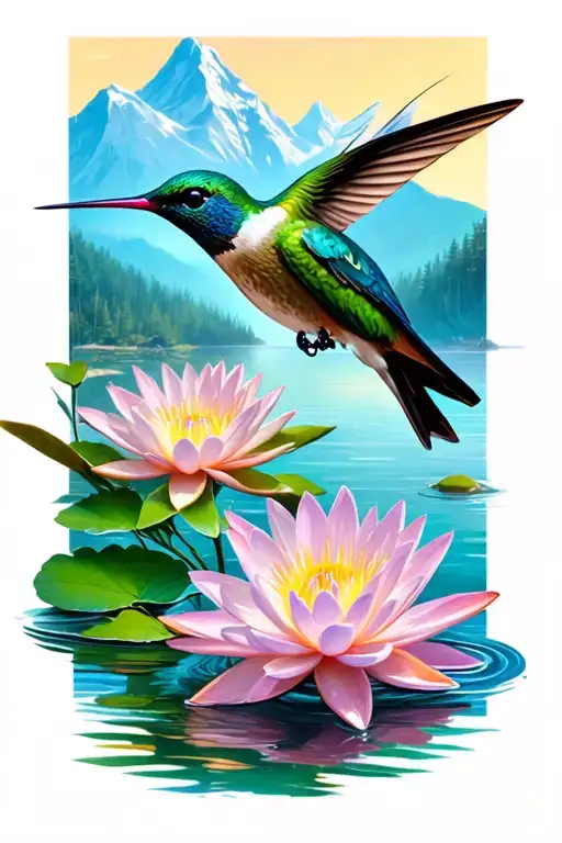 hummingbird water lily flowers nature fishing camping mountains tattoo design idea