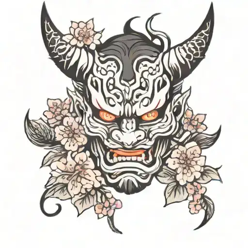oni mask with half cherry blossom flowers tattoo design idea