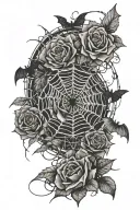 spider web with bats flying, a half moon, barbed wire, a rose, and spider  tattoo design idea