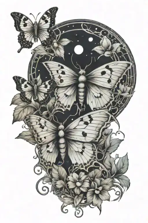 lunar moth with moon phases above and botanical plants vining upwards tattoo design idea