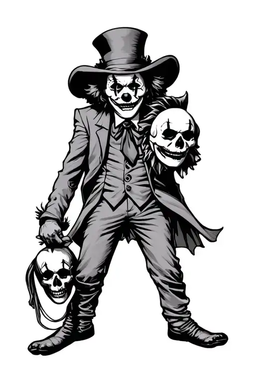 midevil clown holding the mask of a clown and his face is skull calf sized tatto tattoo design idea