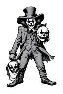 midevil clown holding the mask of a clown and his face is skull calf sized tatto tattoo design idea