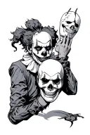 midevil clown holding the mask of a clown and his face is skull calf sized tatto tattoo design idea