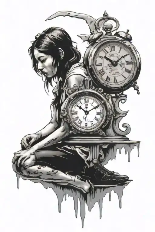 Banksy girl and melting clock embedded tattoo design idea