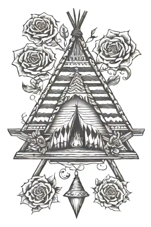 teepee, wild west, fire, rose tattoo design idea