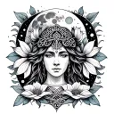 Celtic Goddess, Danu. Surrounded by Salmon, the moon and Moonflowers tattoo design idea